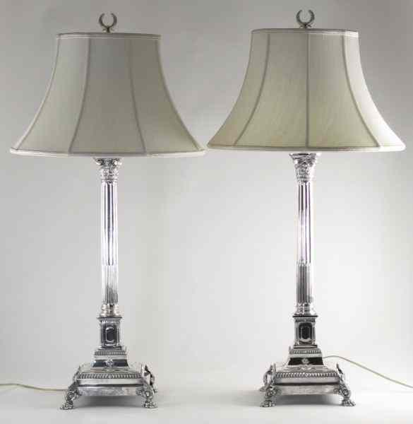 Appraisal: Pair of Silver Plated Table Lampsearly th century reeded columnar