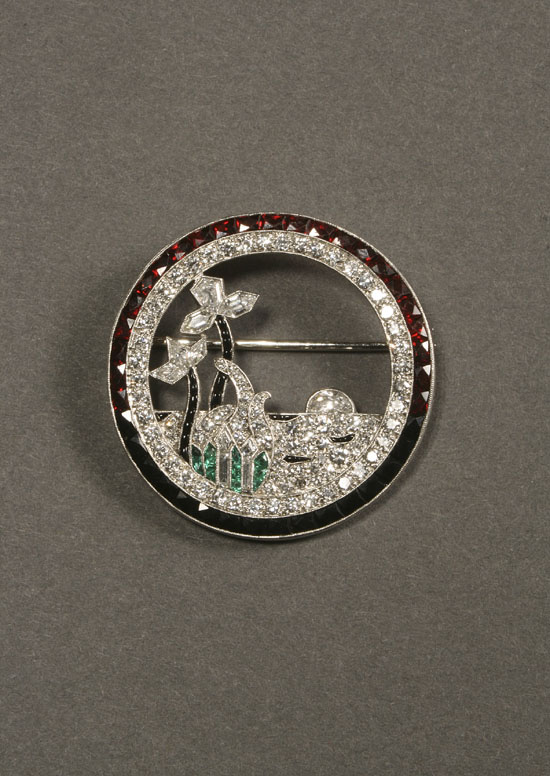 Appraisal: Art Deco Platinum Diamond Emerald Black Onyx and Garnet Circular