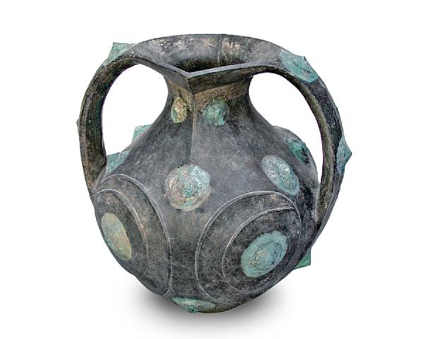 Appraisal: A Chinese black pottery amphora with applied bronze bosses Han