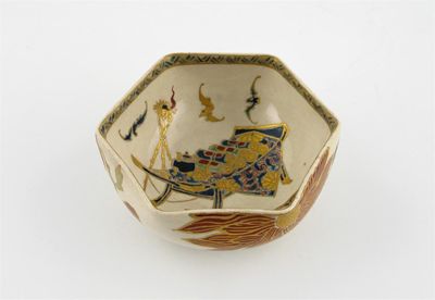 Appraisal: A Japanese Satsuma hexagonal bowl decorated with bats flying above