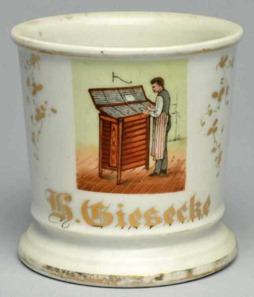 Appraisal: Type Setter Shaving Mug Gilt name K Giesecke Nice image