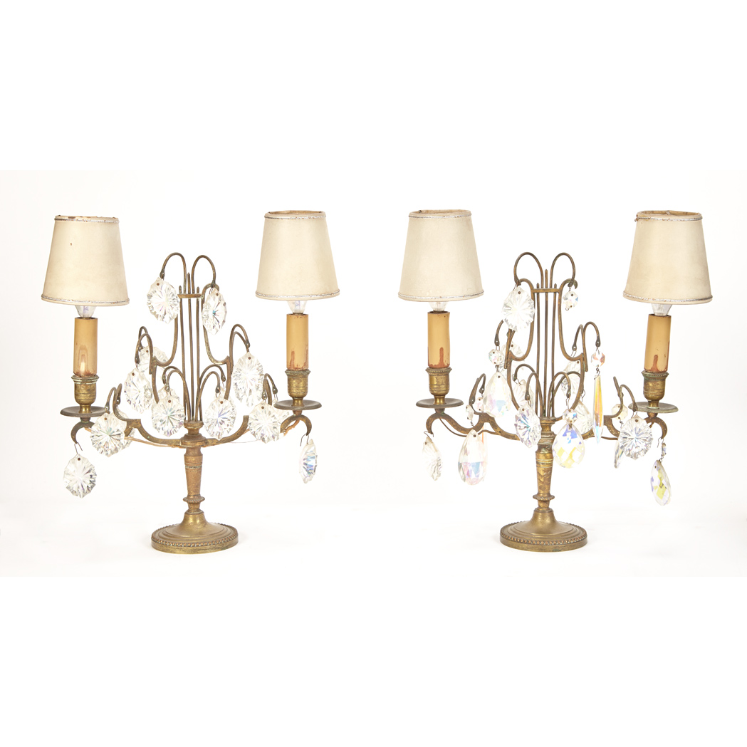 Appraisal: Pair of French Style Brass and Glass Two-Light Lamps Each