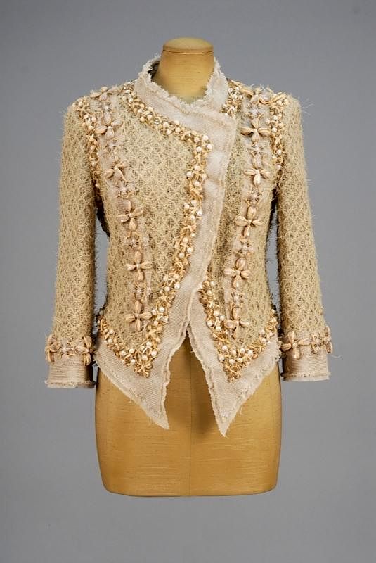 Appraisal: CHANEL LINEN BLEND JACKET with PEARLS Natural color novelty weave