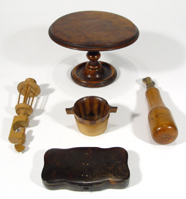 Appraisal: Five treen items a burr walnut stand a bucket shaped