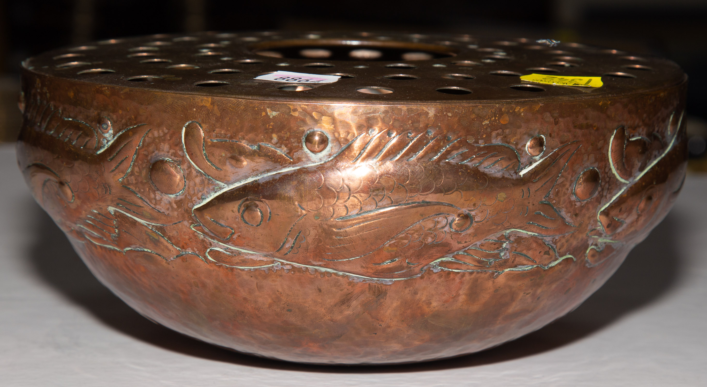 Appraisal: A NEWLYN ART DECO BEATEN COPPER ROSE BOWL With fish