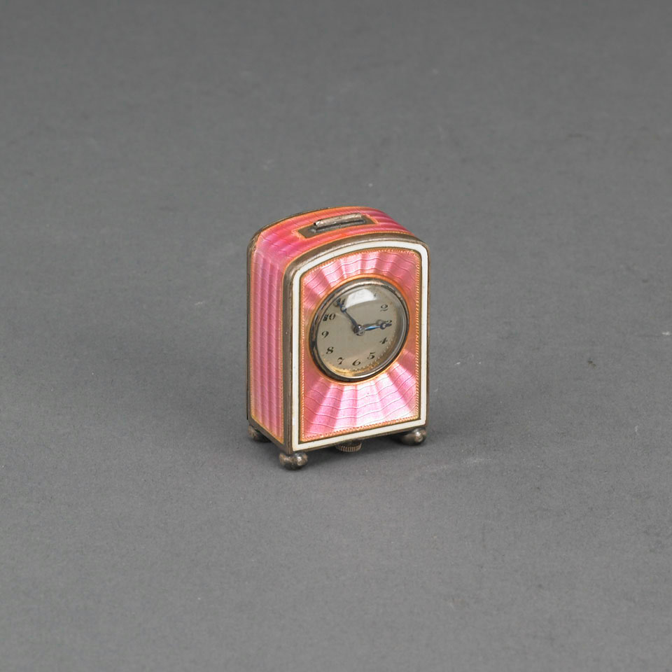 Appraisal: Swiss Pink Guilloche Enameled Silver Cased Miniature Clock Ateliers Juvenia