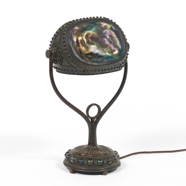 Appraisal: TIFFANY STUDIOS JEWELED TURTLEBACK DESK LAMP CA Favrile glass with