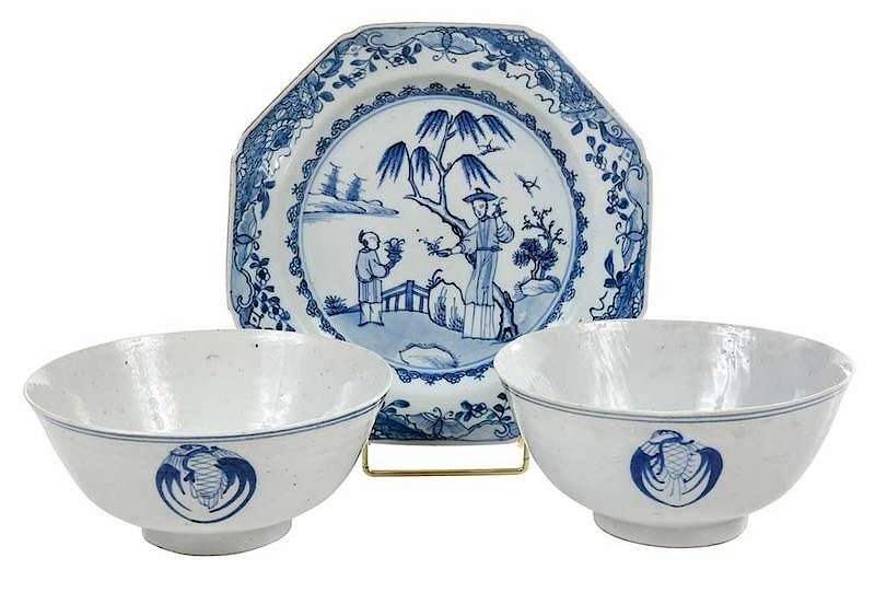 Appraisal: Two Asian Blue and White Bowls One Plate near pair