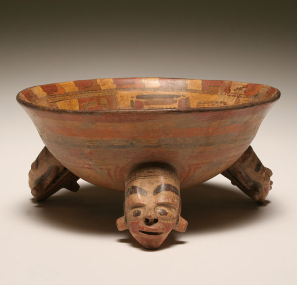 Appraisal: Pre-Columbian tripod pottery bowl with figural rattle feet polychrome decorated