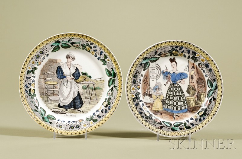 Appraisal: Two Polychrome Decorated Black Transfer Printed Earthenware Plates France th