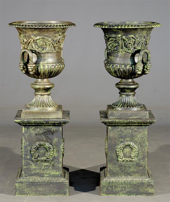 Appraisal: Pair English verdigris cast-iron garden urns flared urn with lobed