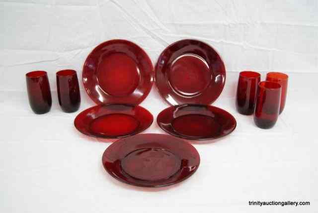 Appraisal: Vintage Royal Ruby Glass Dinner Plates TumblersProduced by Anchor Hocking