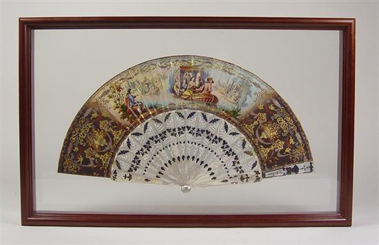 Appraisal: Hand Painted European Fan Mid th Century Hand colored engravings