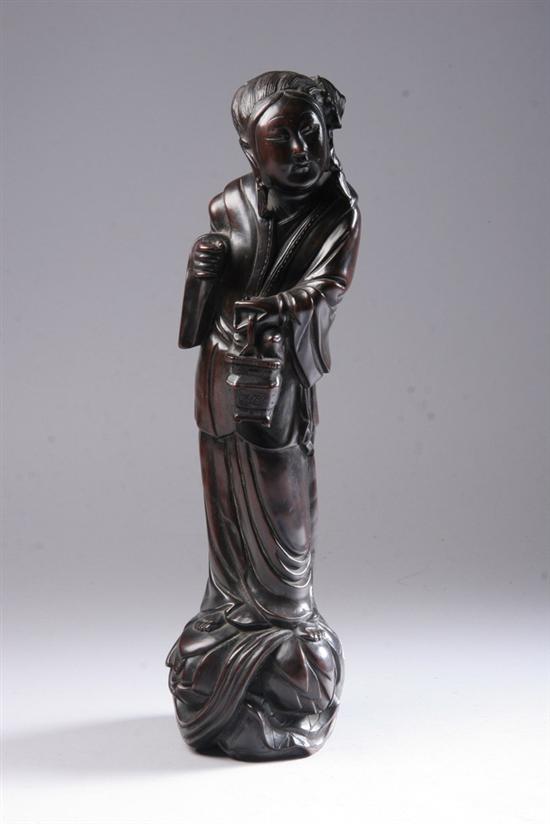 Appraisal: CHINESE WOOD FIGURE OF MEIREN th century Holding a basket