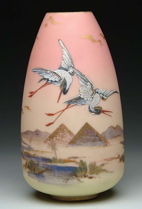 Appraisal: MT WASHINGTON BURMESE MONUMENTAL DECORATED VASE Decoration no storks Egyptian