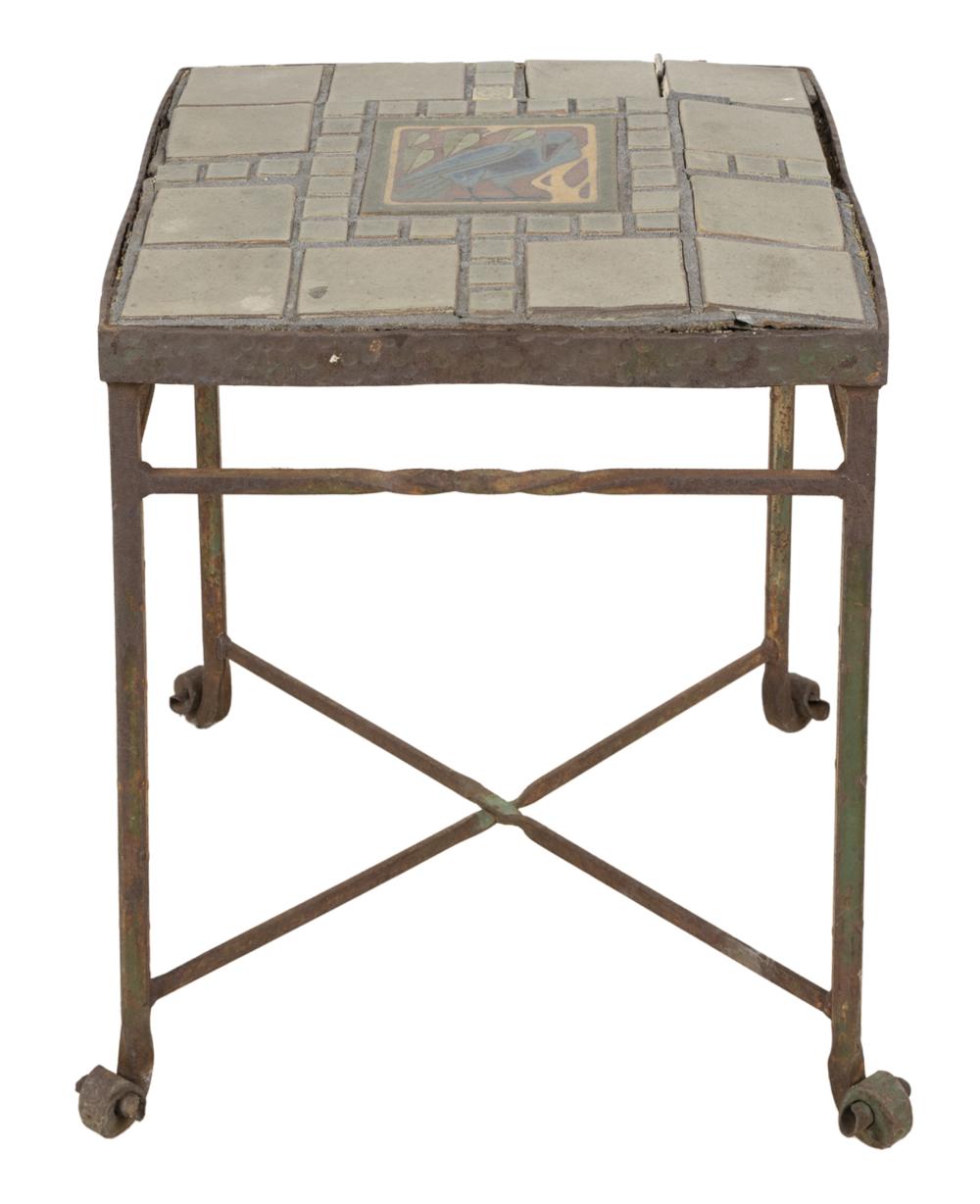 Appraisal: CALIFORNIA TILE-INSET IRON END TABLEthe top with green tiles centered