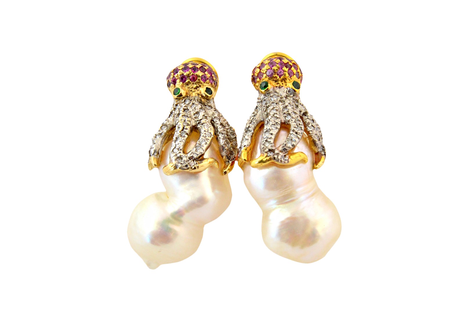 Appraisal: A pair of gold ruby diamond and baroque cultured pearl