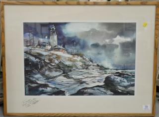 Appraisal: W Spencer Crooks - Fishing off Stormy Lighthouse Edge watercolor