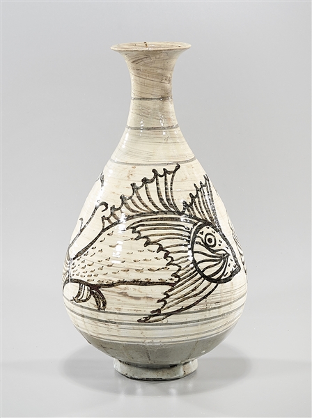 Appraisal: Korean glazed incised ceramic vase with fish design x approx