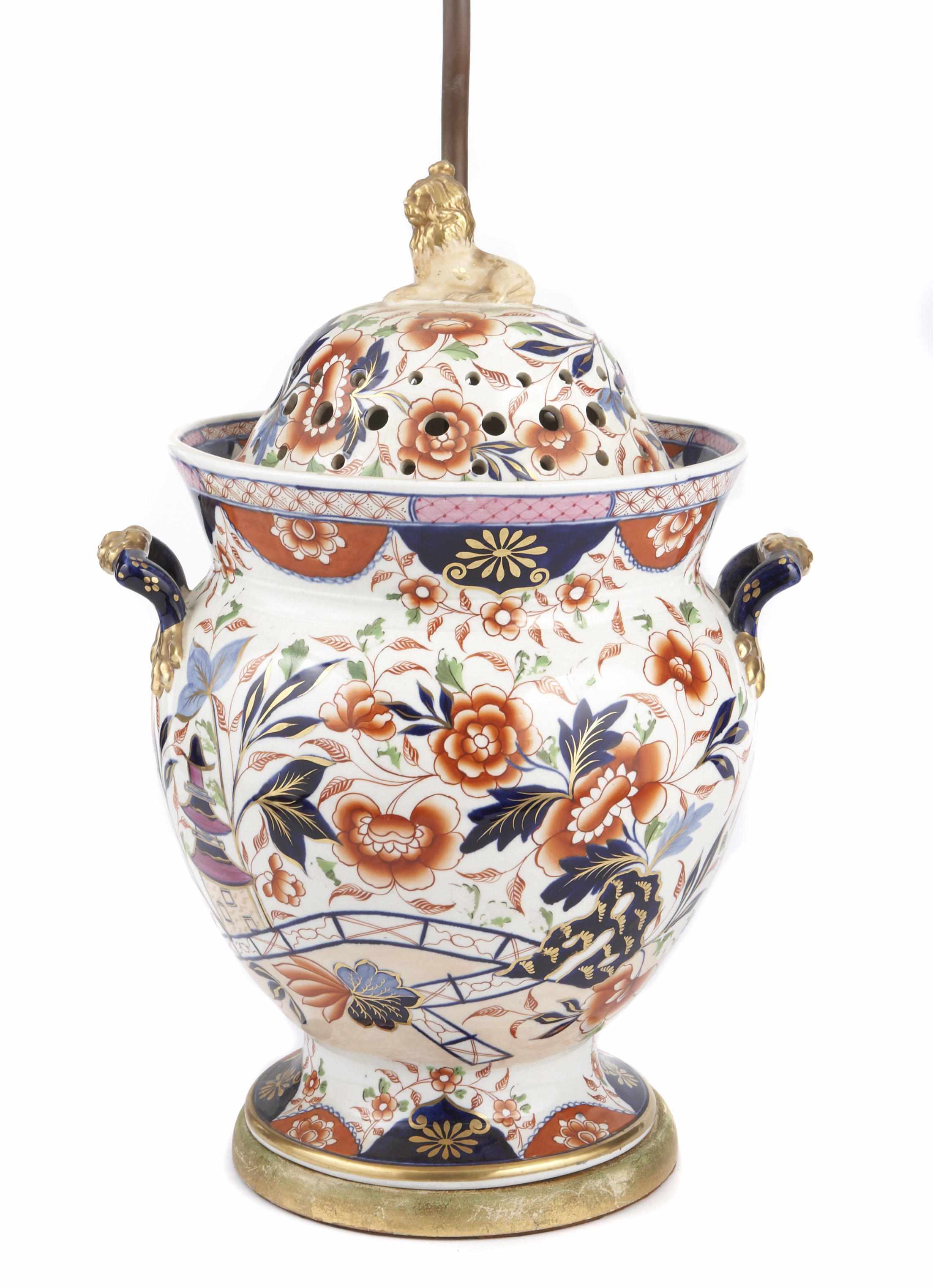 Appraisal: An English ironstone potpourri urn now as a lamp height