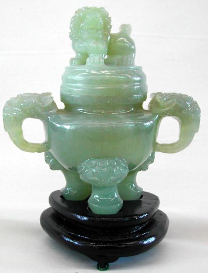 Appraisal: Chinese Carved Pale Green Jade elephant Mask-Handled Covered Tripodal Vessel