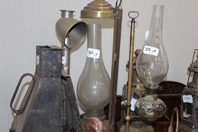 Appraisal: A PAIR OF SMALL BRASS HEXAGONAL OIL LANTERNS high a