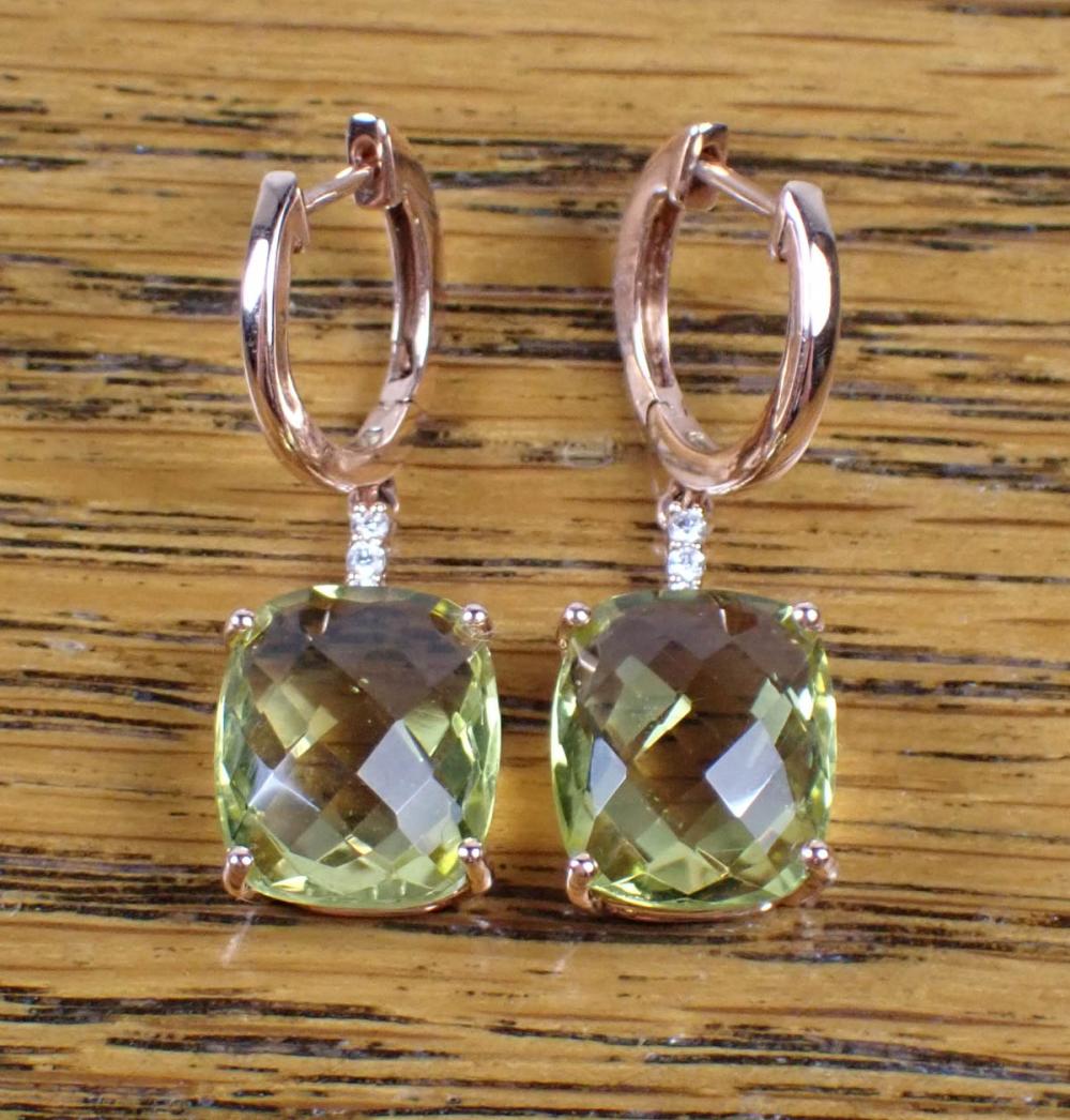 Appraisal: PAIR OF LEMON QUARTZ AND DIAMOND EARRINGS each k rose