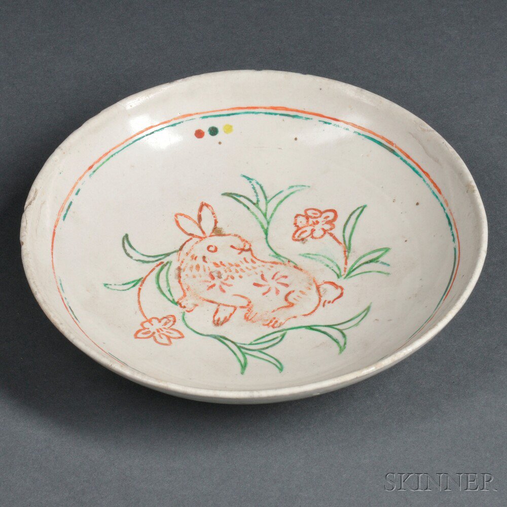 Appraisal: White-glazed Dish China Ming-style decorated with a rabbit and stylized