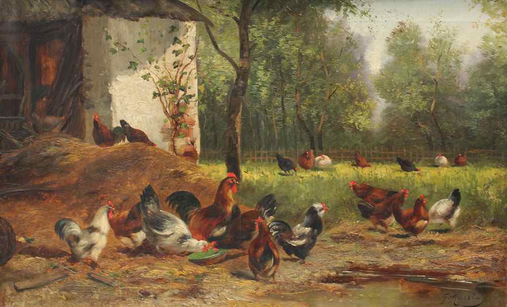 Appraisal: MARETA G Italian Chickens in a Sunny Barnyard Landscape Oil