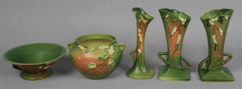 Appraisal: PAIR ROSEVILLE POTTERY GREEN SNOWBERRY VASES trumpet form with geometric