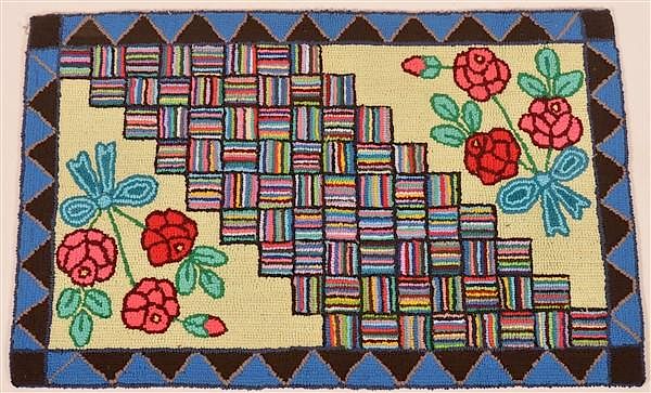 Appraisal: Amish Floral and Geometric Pattern Hooked Rug Amish Floral and