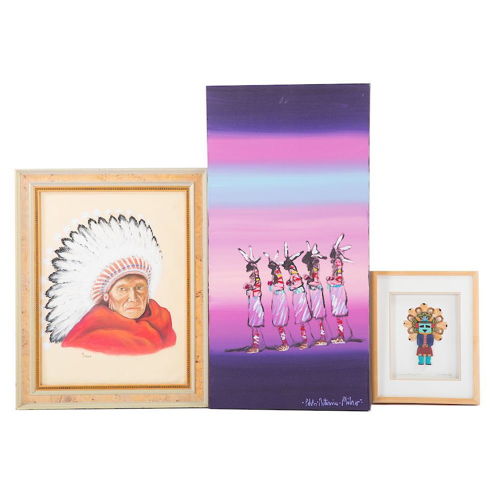 Appraisal: Three Native American themed artworks including Earth Guard Messenger by