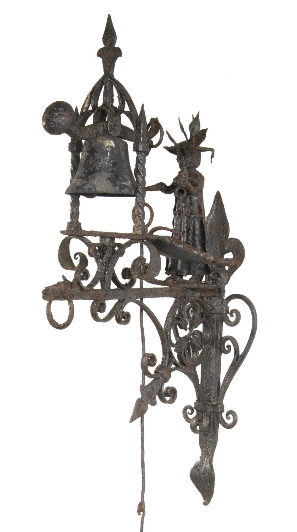 Appraisal: ORNATE EUROPEAN WROUGHT IRON DOORBELL WITH OIL LAMP th c