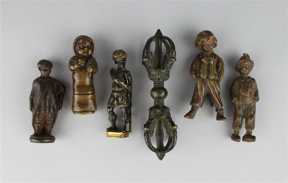 Appraisal: FOUR BRONZE AND ONE CAST IRON SMALL FIGURES including a