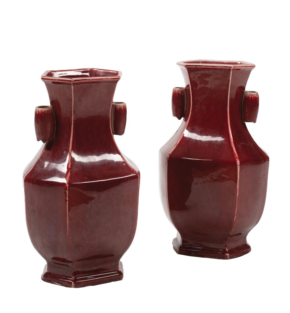 Appraisal: Decorative Pair of Chinese Oxblood Porcelain Hexagonal Vases Modern bases