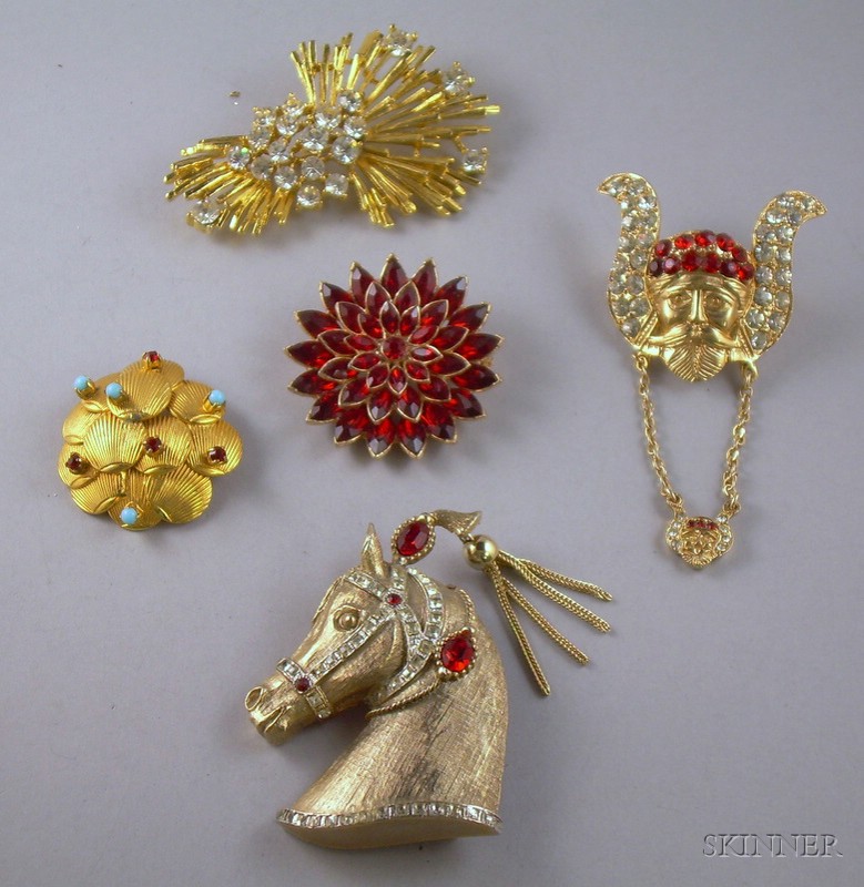 Appraisal: Five Retro Costume Brooches including an R Mandle Company paste-inset