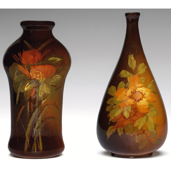 Appraisal: Owens Utopian vase brown glaze with a painted floral design