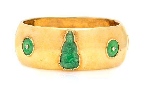 Appraisal: Sale Lot An Karat Yellow Gold Diamond and Jade Cuff