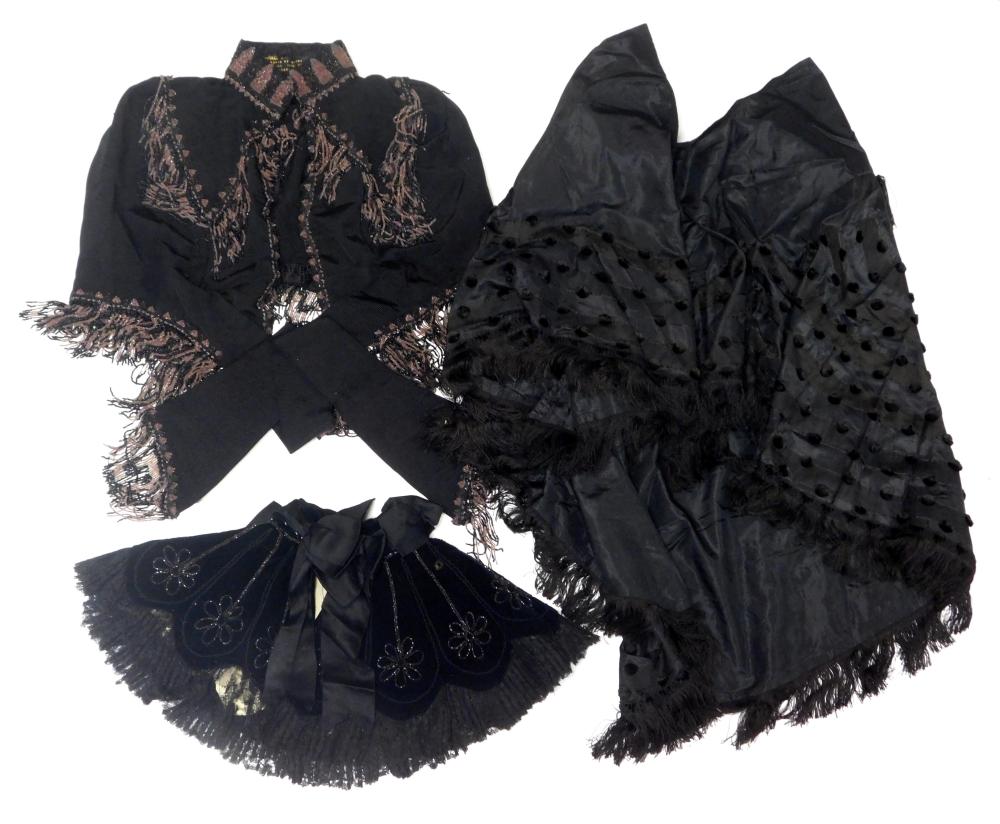 Appraisal: Three black late th C jackets capelets two with beading