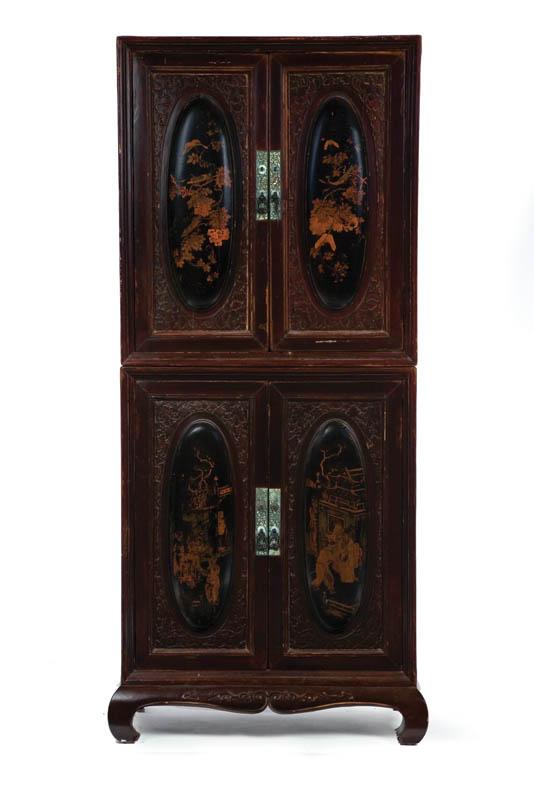 Appraisal: CABINET Asian th century hardwood Two-part lacquered cabinet with doors