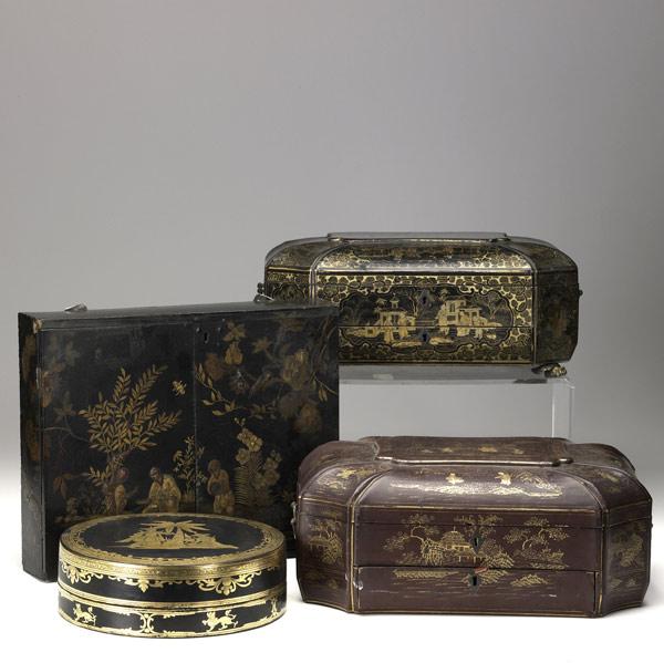 Appraisal: Four Asian lacquer boxes all th C Two sewing boxes