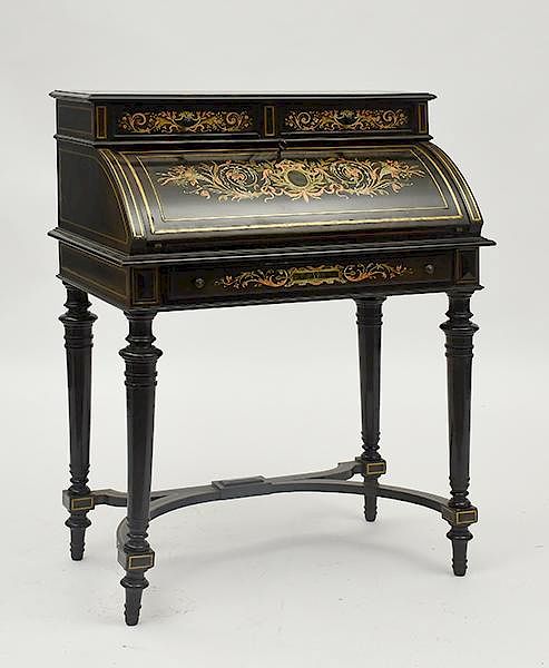 Appraisal: French Style Desk Ornately inlaid with brass and copper cylinder