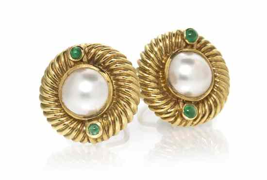 Appraisal: A Pair of Karat Yellow Gold Mabe Pearl and Emerald