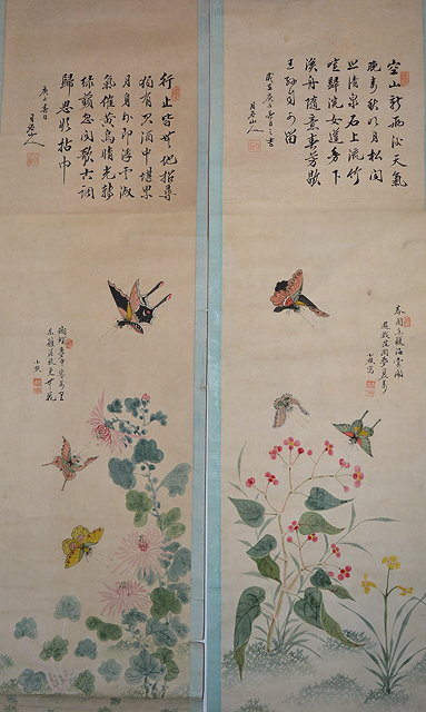 Appraisal: Two Chinese scrollscirca each painted with butterflies flowers and with