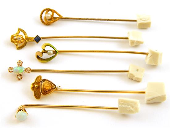 Appraisal: JEWELRY six stick pins enamel heart seed pearl stick pin