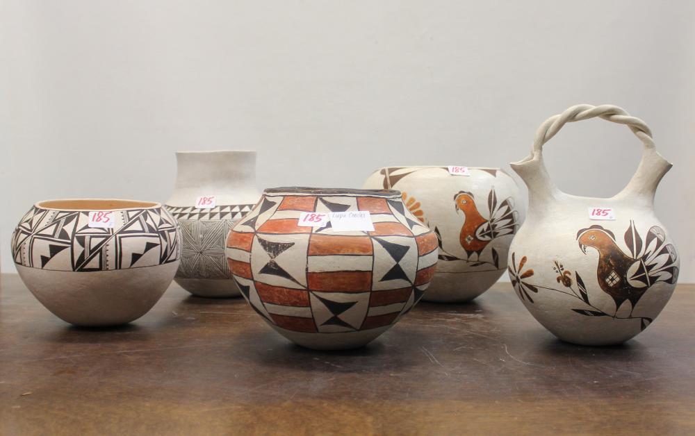 Appraisal: FIVE ACOMA POTTERY VESSELS Acoma Pueblo people New Mexico mid-