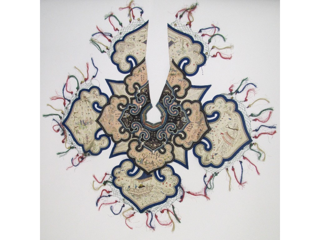 Appraisal: A fine cloud collar circa decorated with calligraphy lake scenes