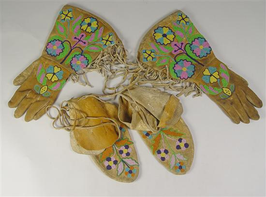 Appraisal: Woodland Indian Beaded Gloves Moccasins Early th Century Floral designs