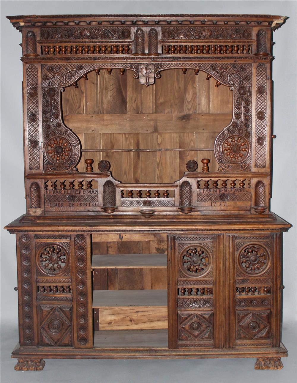 Appraisal: FRENCH PROVINCIAL CARVED OAK BUFFET with superstructure and side cabinets