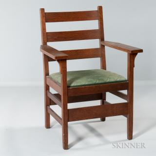 Appraisal: Gustav Stickley Armchair Oak fabric New York c Three horizontal